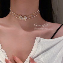 Real Gold plating Korea pearl inlaid neck chain bow double necklace temperament design sense choker necklace female