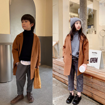 Mu Mubang autumn and winter new boys and girls Yapi wind shoulder caramel color double-sided long coat 21AW160