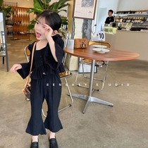 Girls Autumn New Fashion suit small girl temperament foreign style collar top Bell pants spring and autumn two-piece set