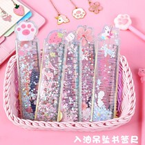 Creative cartoon into oil quicksand ruler cute drawing ruler student stationery girl heart pendant bookmark scale