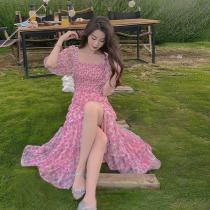Gentleness Ethos Famous Hime Rose Bubble Sleeves Dress Woman Summer Law Style Cashew Waist Display Slim And Slim Flowers Harness Fairy Skirt
