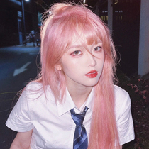 Wig female long hair natural full headgear summer fashion air bangs long straight hair realistic jk pink wig set