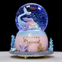 Crystal Ball Music Box Rotates Mermaid Princess Snow Flowers Children Girls New Year Gift