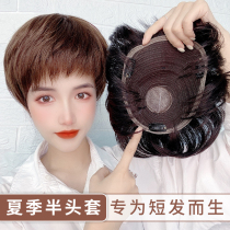 Wipe piece female natural head cover white hair short curly hair real hair replacement block light light and thin hair volume fluffy wig