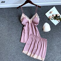 Pajamas womens summer thin sexy ice silk camisole shorts two-piece suit with chest pad gathered small chest lace