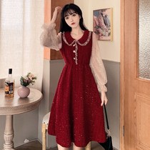 Large size 2021 early autumn new fat mm French vintage mesh stitching doll collar flashing red annual dress