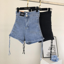 High stretch denim shorts womens 2021 summer thin section high waist slim insA word wide leg pants European goods drawstring hot pants
