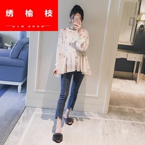  Pregnant women chiffon top 2020 autumn long-sleeved short 3-9 months printing loose age-reducing a-word doll shirt cover