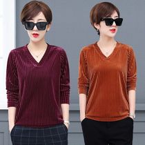 Striped gold velvet long sleeve T-shirt women loose 2021 spring autumn solid color plus size womens base shirt top