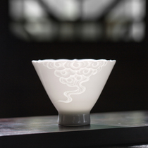 Runrui carved thin tire Doujia Cup Jade mud high foot Master Cup white porcelain Xiangyun carved flower tea cup small tea cup
