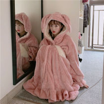 Autumn and winter thick warm robe womens long Korean pajamas set sweet cute rabbit ear bathrobe home clothes