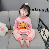 Little yellow duck girl conjoined pajamas spring and autumn cotton long sleeve children girl baby baby Autumn home clothes cute