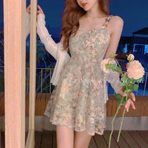 Green floral suspender dress Lace design sense sweet gentle air quality small skirt fairy super fairy