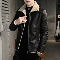 Winter mens leather jacket with plush and thickened Korean version of slim fur one mens leather jacket handsome fashion mens coat