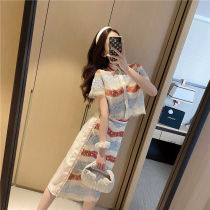 Large size womens clothing fat sister spring and summer new fashion thin belly reduction skirt suit womens two-piece set(
