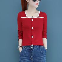 Red T-shirt womens 2020 new autumn slim Joker short long sleeve top womens shirt spring and autumn