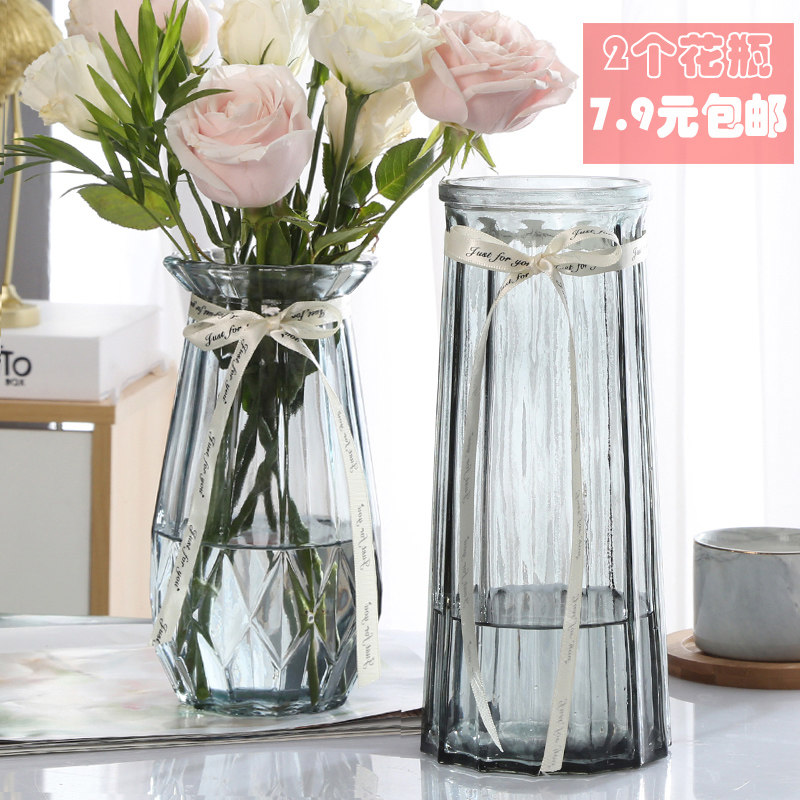 (Two-piece set) Nordic glass vase transparent water to raise rich bamboo lily living room dry flower arrangement vase ornaments
