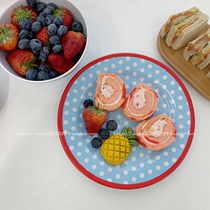 ins French girl heart tableware Cute blue and white polka dot bowl Creative dinner plate Heat-resistant bowl plate Student instant noodle bowl