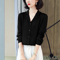 Black single-breasted silk shirt womens 2021 new spring design sense female niche wild mulberry silk top