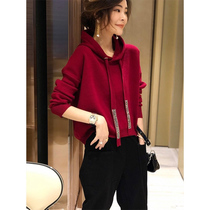 Fashion red knit drawstring hooded pullover sweater women autumn new loose casual Joker long sleeve jacket tide