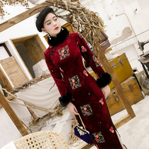 Autumn and winter New warlord wife plus velvet thick cheongsam long female size party dress elegant wedding mother dress