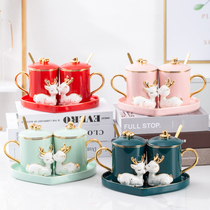 Couple Cup pair couple ceramic mug with lid spoon personality creative coffee cup pair Cup wedding gift