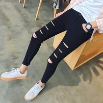 Ripped jeans mens stretch black pants mens Korean slim-fit pants mens pants student casual nine-point pants men