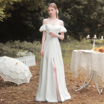 French light wedding dress 2021 new bride simple advanced sense satin shoulder collar small dress dress autumn women