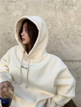 2021 autumn and winter New Port flavor lazy simple letter hooded plus velvet thick cotton loose Joker casual sweater women