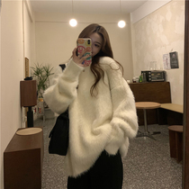 2021 autumn and winter New Hong Kong style apricot color mohair sweater womens furry long loose long sleeve knitted top