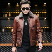 Winter new Haining sheep leather jacket mens down jacket short Korean version slim lapel leather jacket mens jacket