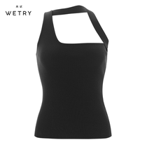 WETRY to try ourclo collection black European and American irregular shoulder sleeveless top white vest