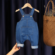 Baby denim strap pants autumn 2021 new open file loose big pp pants for men and women children elastic back strap pants