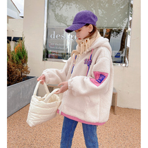 Lamb coat 2021 New Girl plus velvet autumn and winter children thickened foreign style middle child hooded sweater