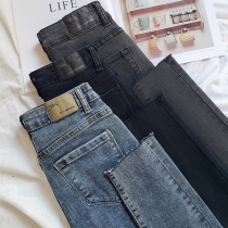 Black jeans womens skinny pants 2021 new spring and autumn smoke gray high waist slim plus velvet thickening