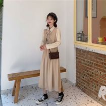 Best friend dress female student Korean loose Harajuku style College wind Pleated vest double-breasted medium length dress set