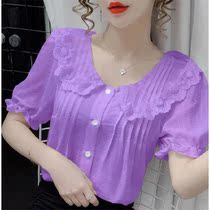 Chiffon shirt doll collar 2021 summer new short-sleeved lace shirt French sweet temperament base shirt women