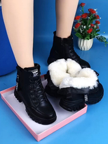 Leather wool snow boots women's 2021 explosions winter fur one plus velvet padded cotton boots flat bottom warm cotton shoes