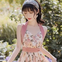 French halter neck floral dress Slim thin long section large swing fairy skirt Retro new summer cool skirt