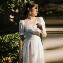 White square collar French satin dress Fairy quality long popular Hepburn style little white dress can be sweet or salty dress
