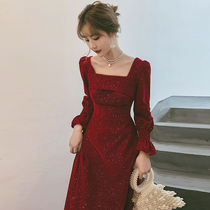Autumn and winter new small dress dress long elegant temperament square collar wine red dress waist thin usually wear