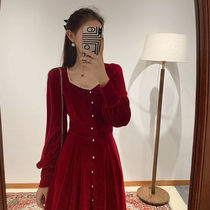 Dress back home year fashion Red engagement clothes gold velvet dress women autumn and winter 2021 New