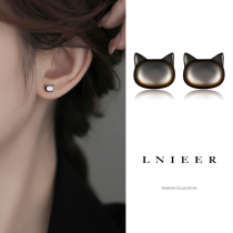 999 sterling silver black cat earrings womens ear hole anti-blocking needle earrings temperament cute natural fritillary ear jewelry