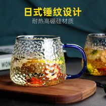 Hammer pattern glass household teacup heat-resistant belt handle water cup tea cup Female ins Feng Shui cup large capacity flower tea cup