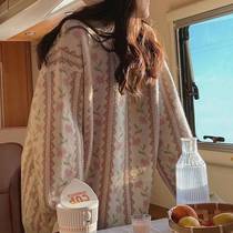 Soft glutinous cherry blossom knitted sweater female lazy wind loose 2021 autumn and winter retro pullover coat women tide