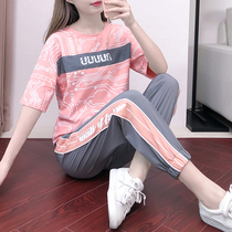 Large size womens loose fashion T-shirt two-piece running suit sports and leisure suit womens summer 2021 new