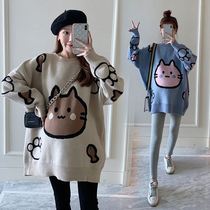 Large size pregnant women set autumn and winter cartoon sweater outside wear fashion long loose belly knitted top 200 Jin