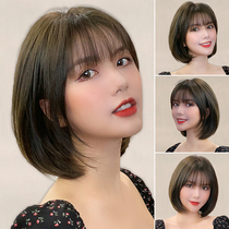 Wig womens short hair Full head cover type medium long hair Real hair natural wig set modeling round face summer first love head