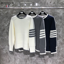 TB sweater cardigan jacket pullover autumn and winter white side thick knitted round neck solid color four-bar men and women lovers tide tide