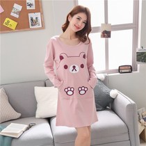 Spring and autumn Korean version of womens cotton long sleeve nightgown cute cartoon cotton pajamas dress dress dress home winter